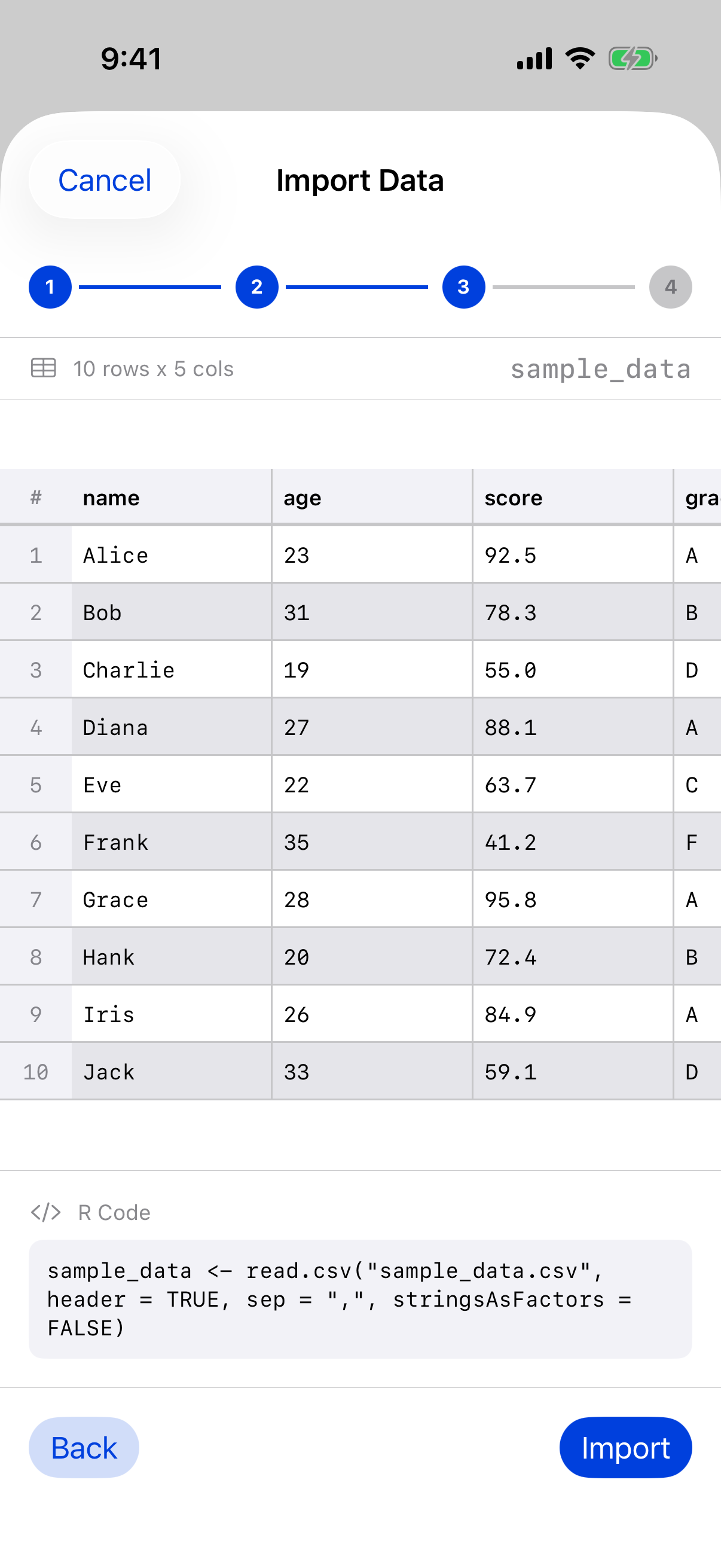 Wizard review step showing the generated read.csv call on iPhone