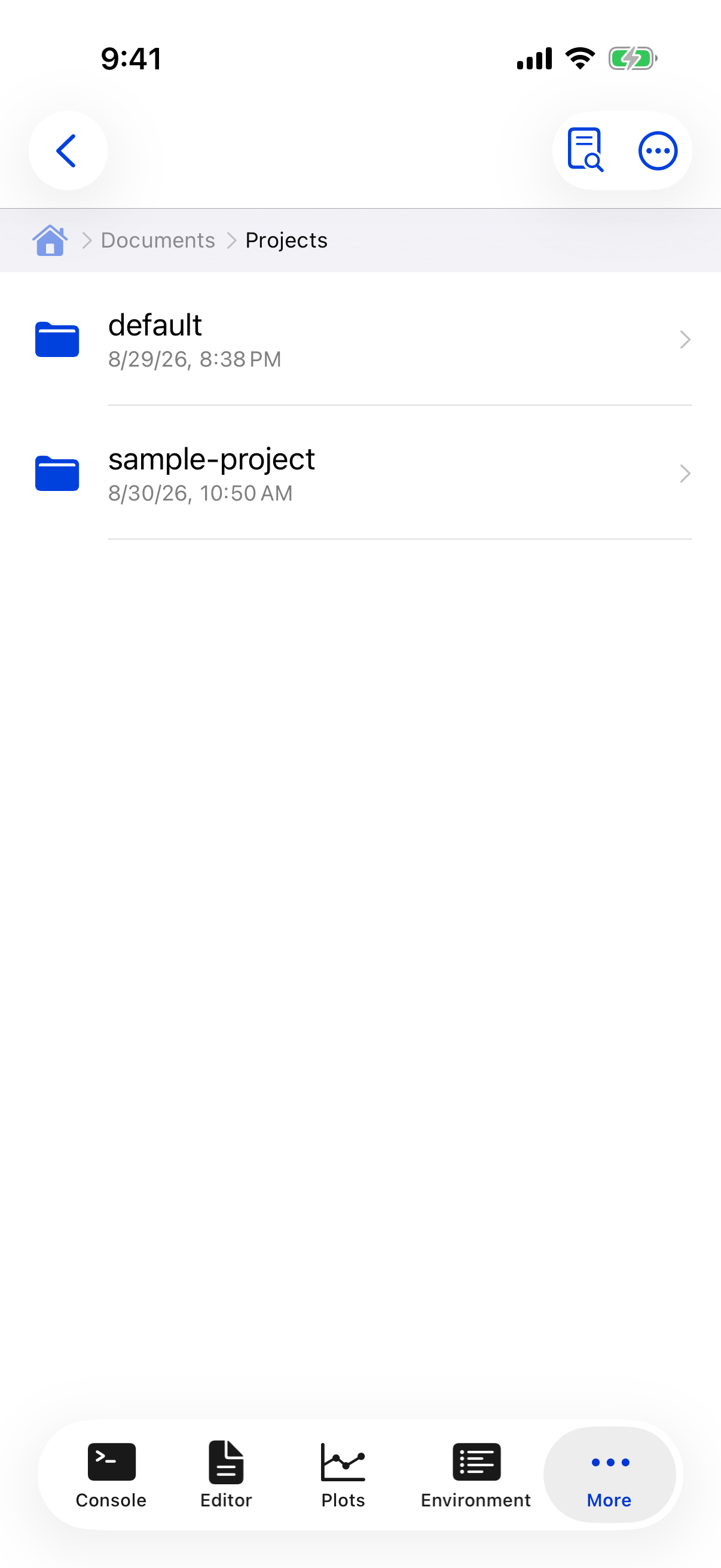 Documents Projects folder with one folder per project on iPhone