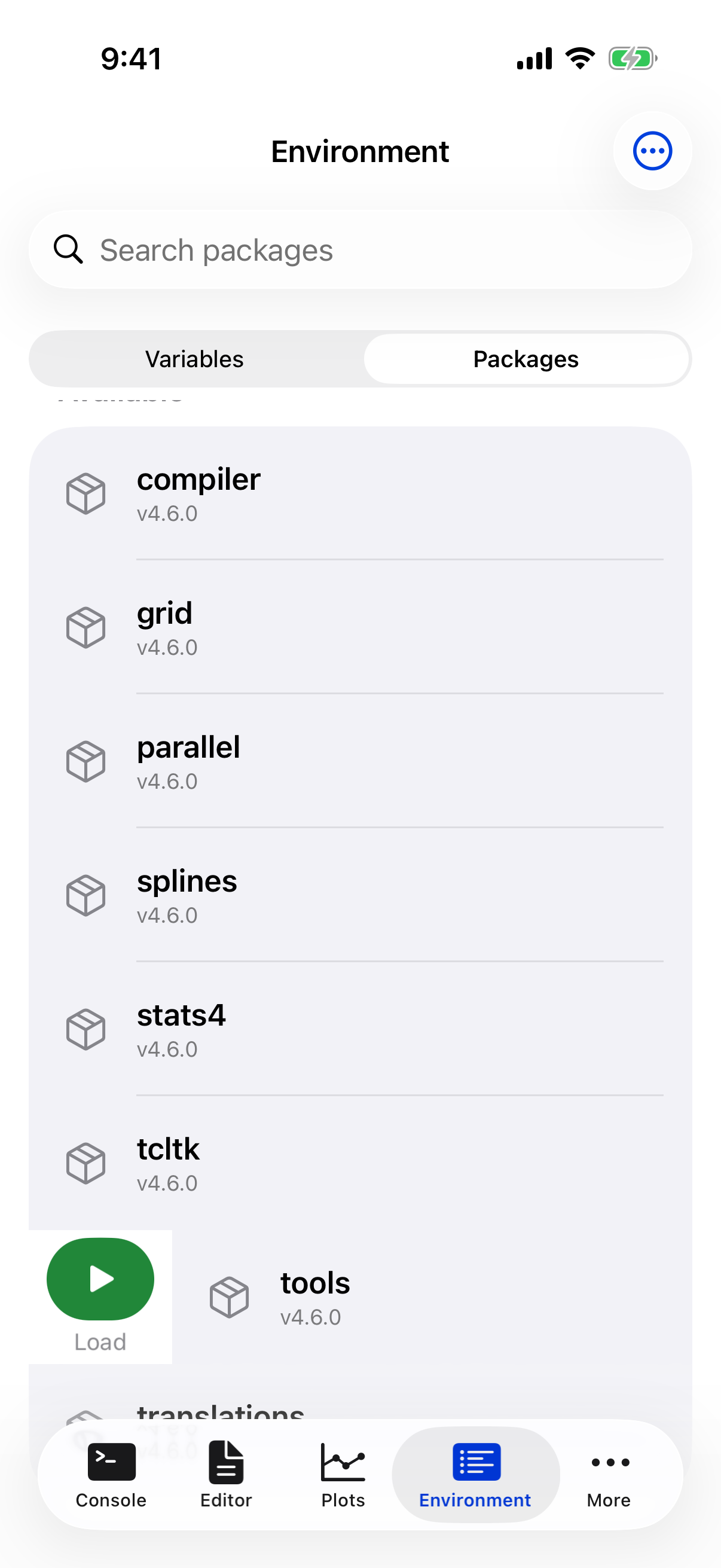 Package row swiped right revealing the green Load button on iPhone