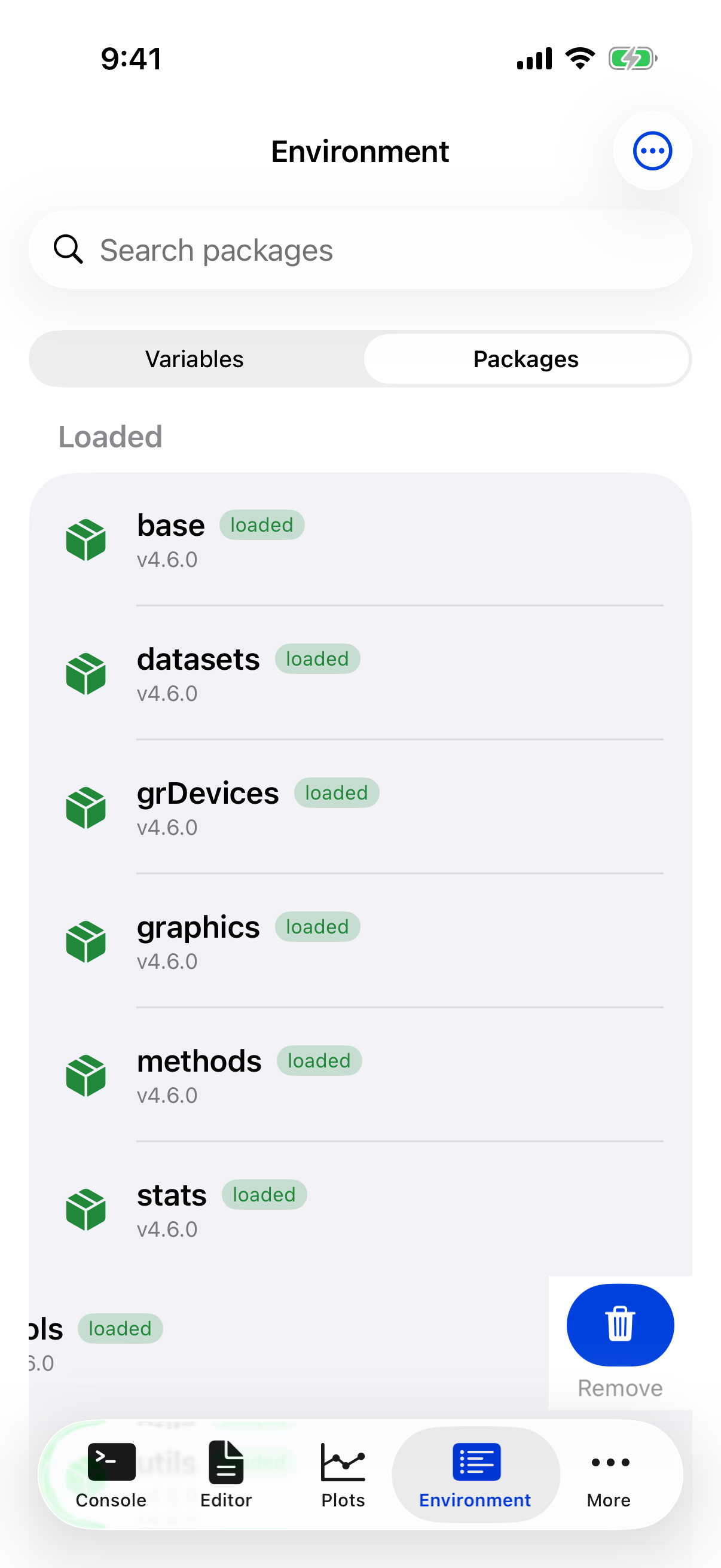 Package row swiped left revealing the Remove button on iPhone
