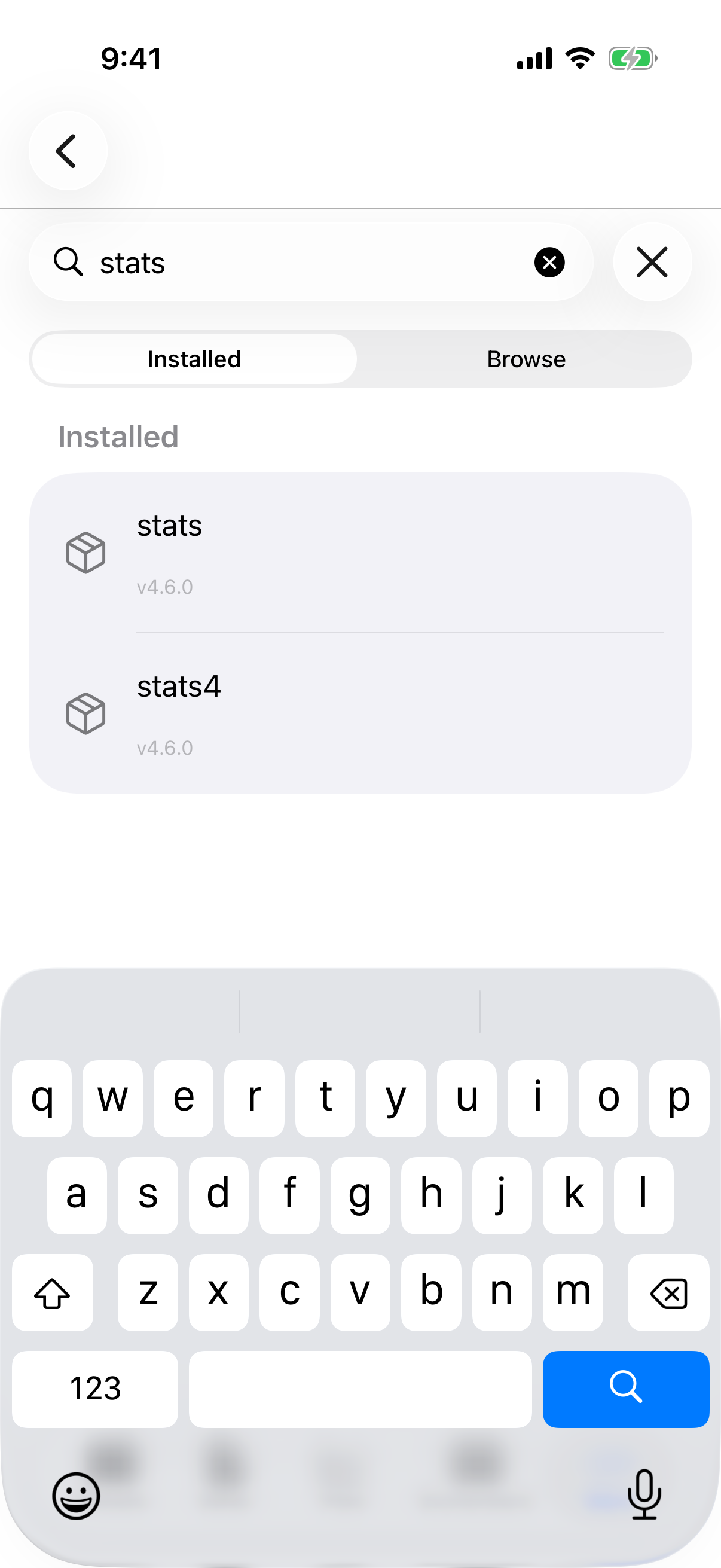 Packages tab search filtering the installed list on iPhone