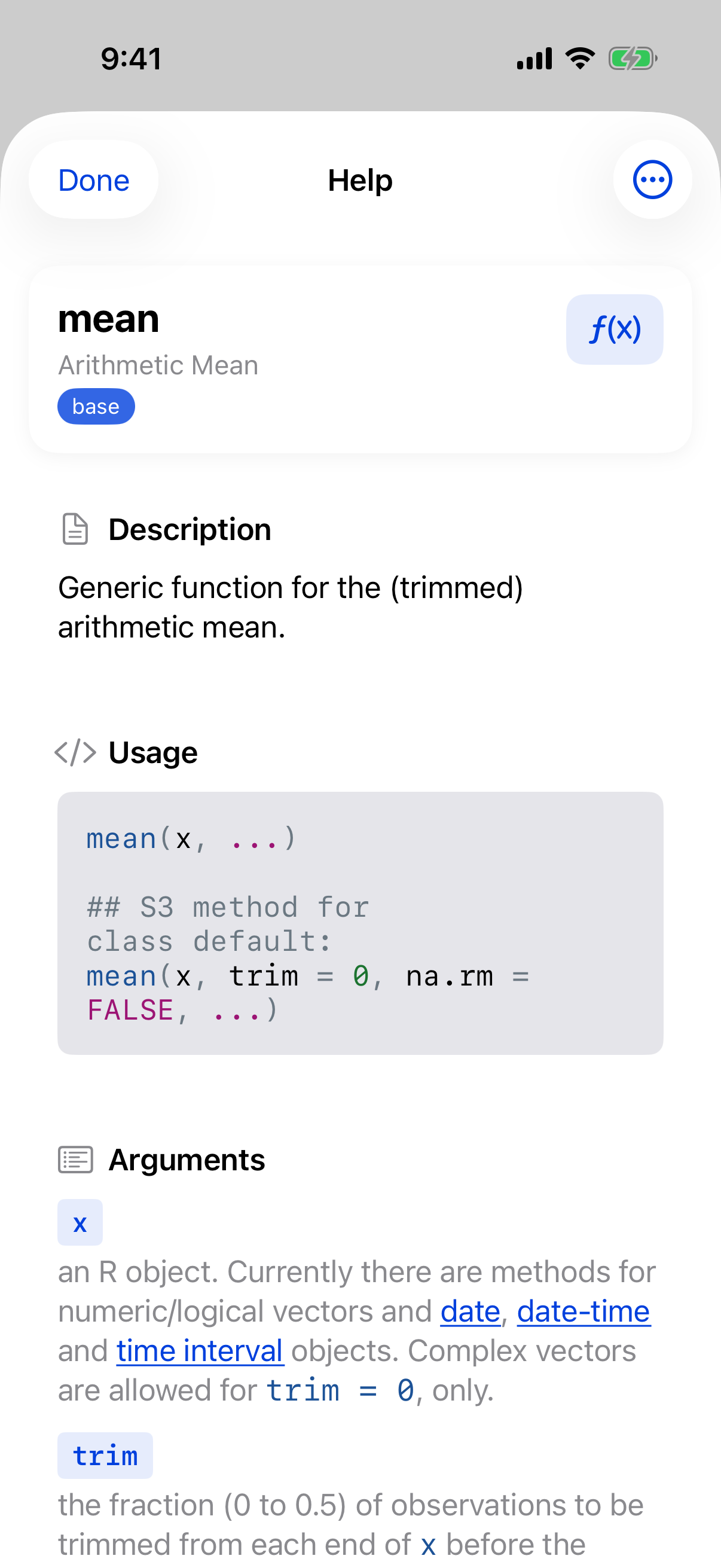 Help page for the mean function opened from the Console on iPhone