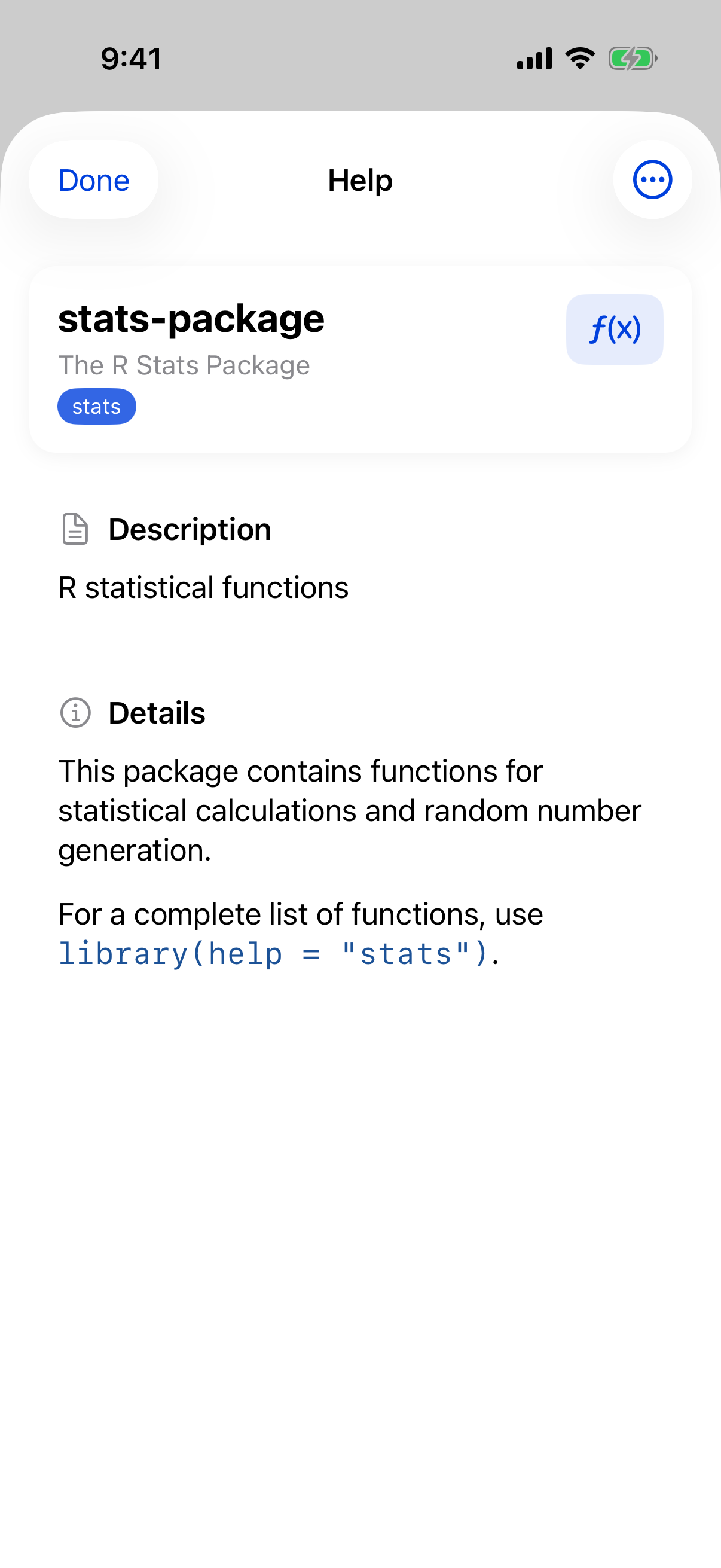 Package index page listing a package's functions on iPhone
