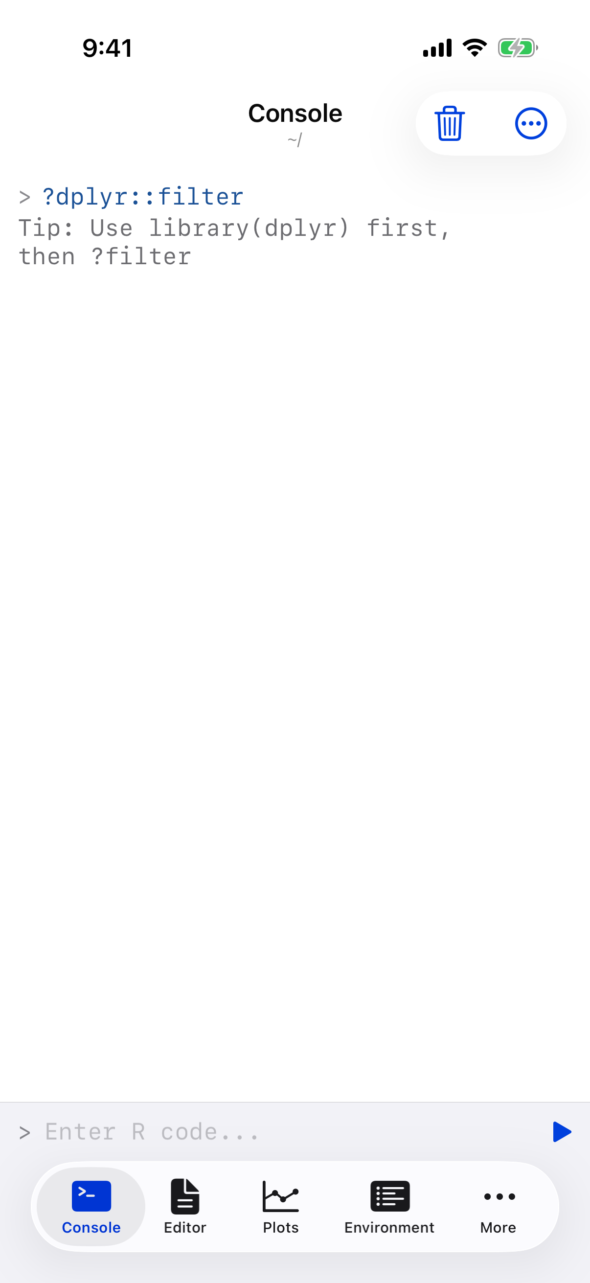 Console tip suggesting library() before a namespaced help lookup on iPhone