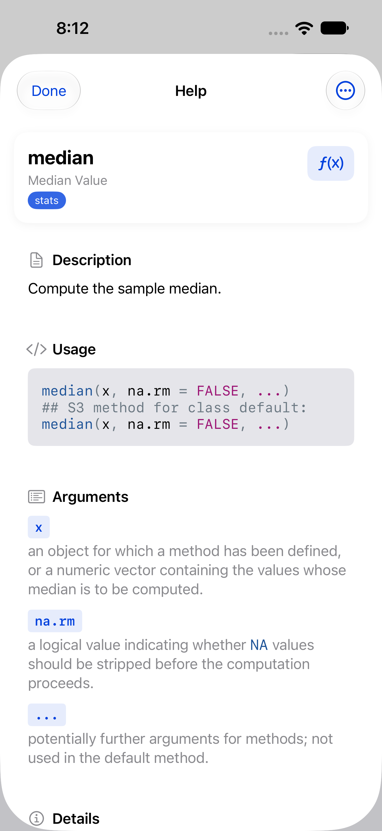 Help page for stats::median opened from the Console with ?stats::median on iPhone