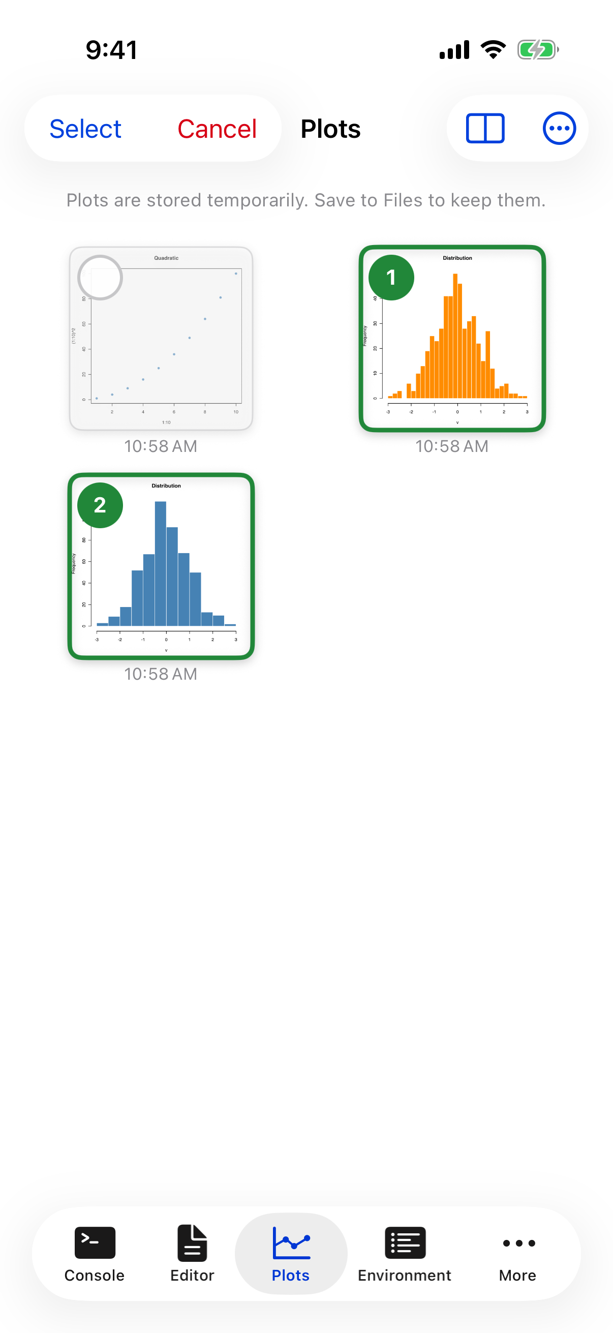 Two plots selected for comparison with numbered badges on iPhone