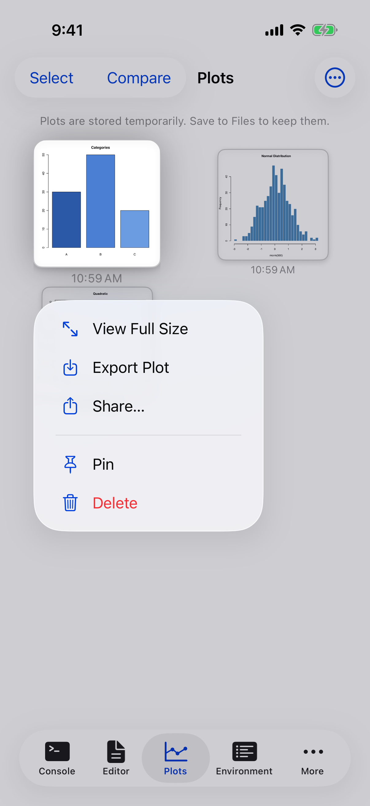 Long press context menu on a plot thumbnail showing Pin on iPhone