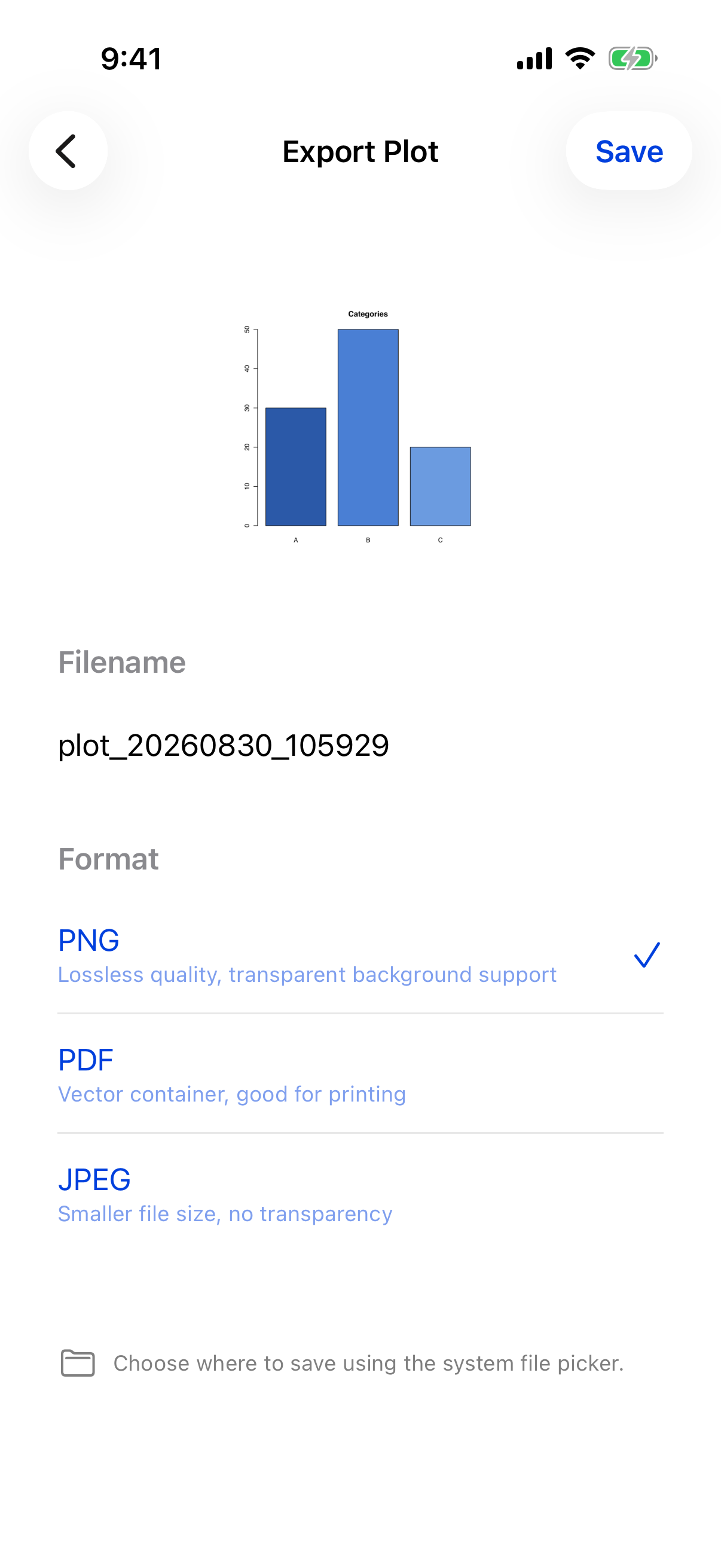 Export page with filename field and format options on iPhone