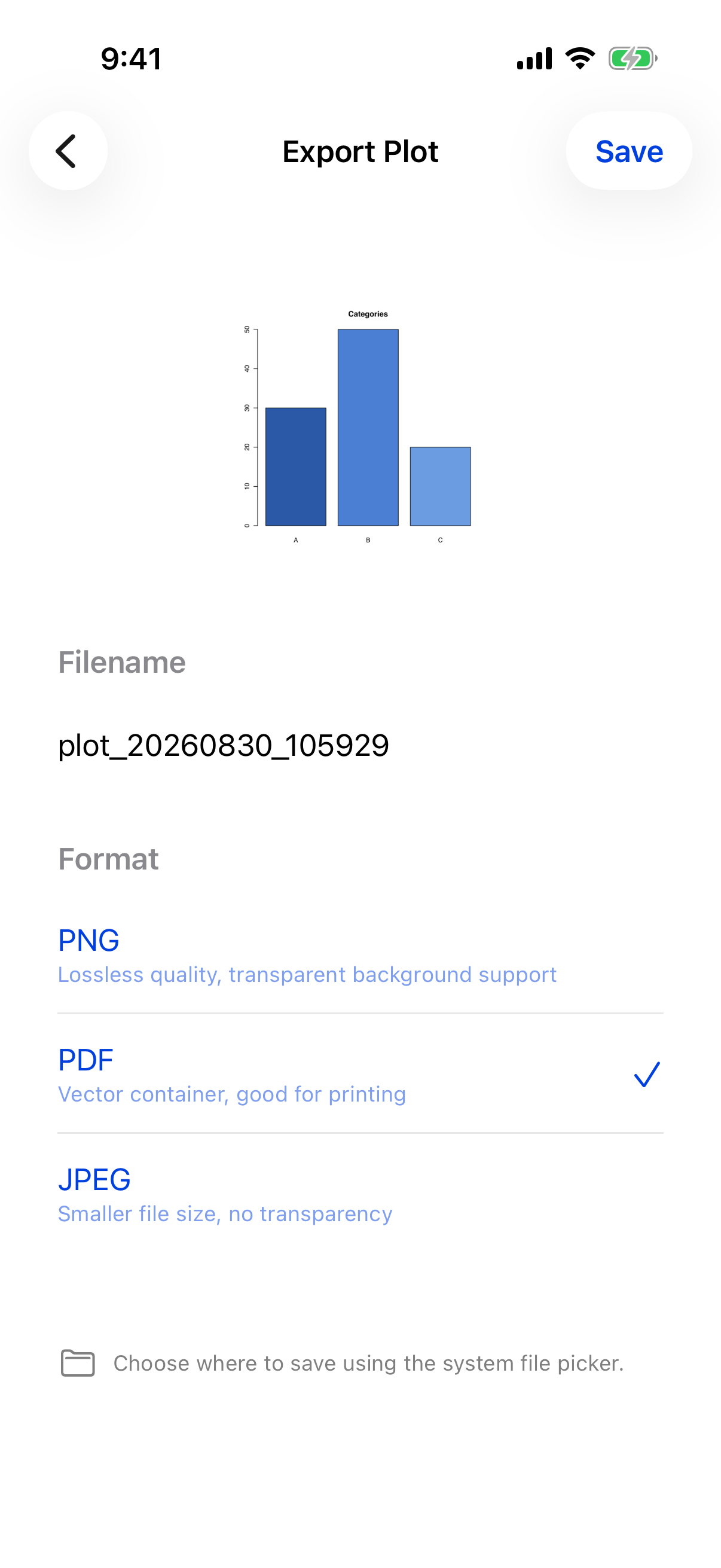 Export page with PDF selected as the format on iPhone