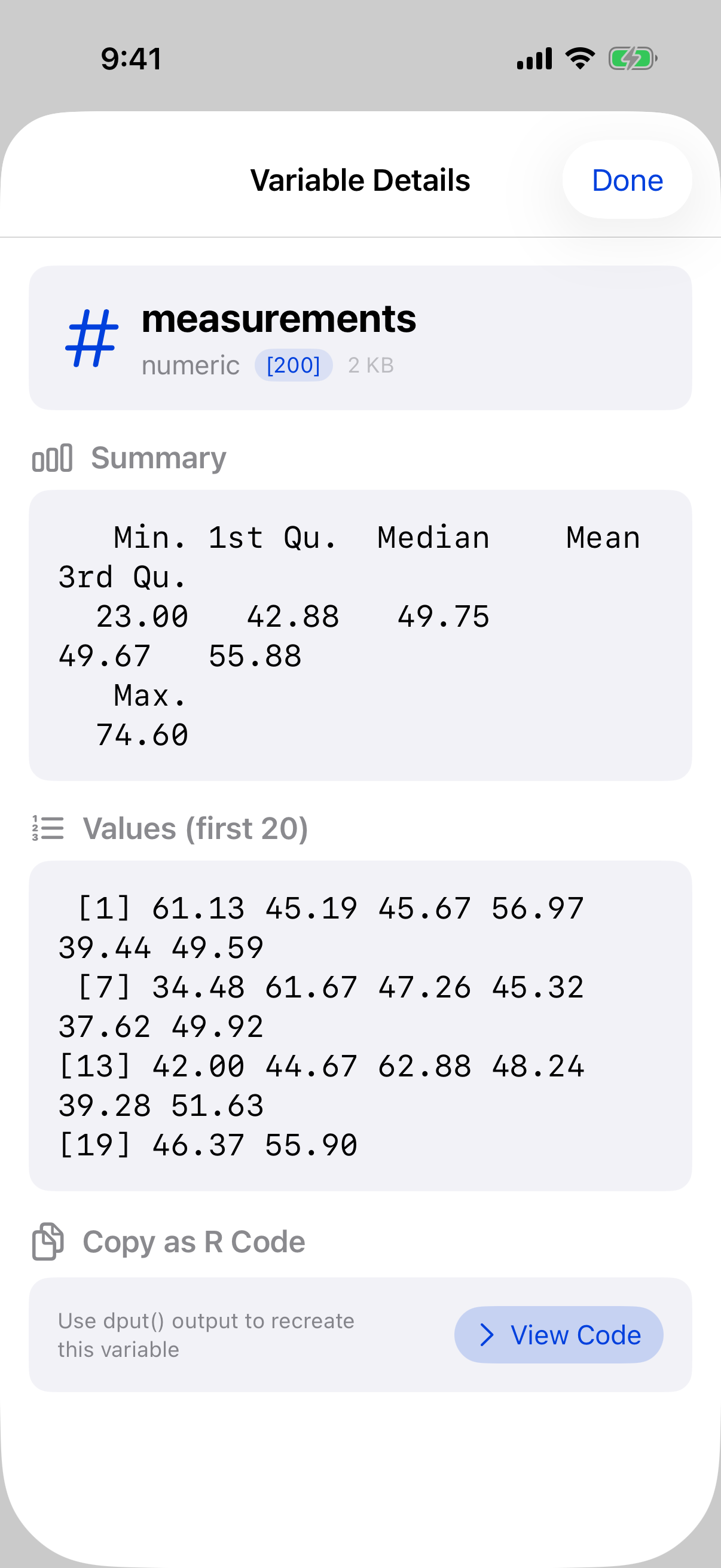 Variable details for a numeric vector showing summary and first elements on iPhone