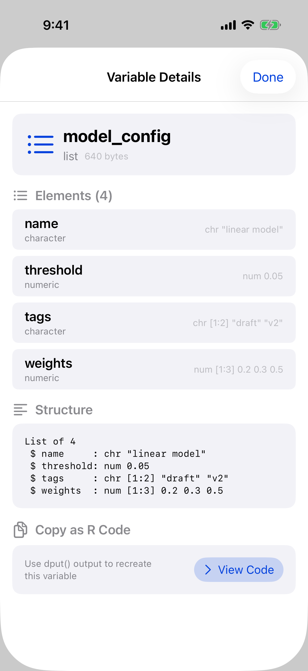 Variable details for a list showing its structure and elements on iPhone