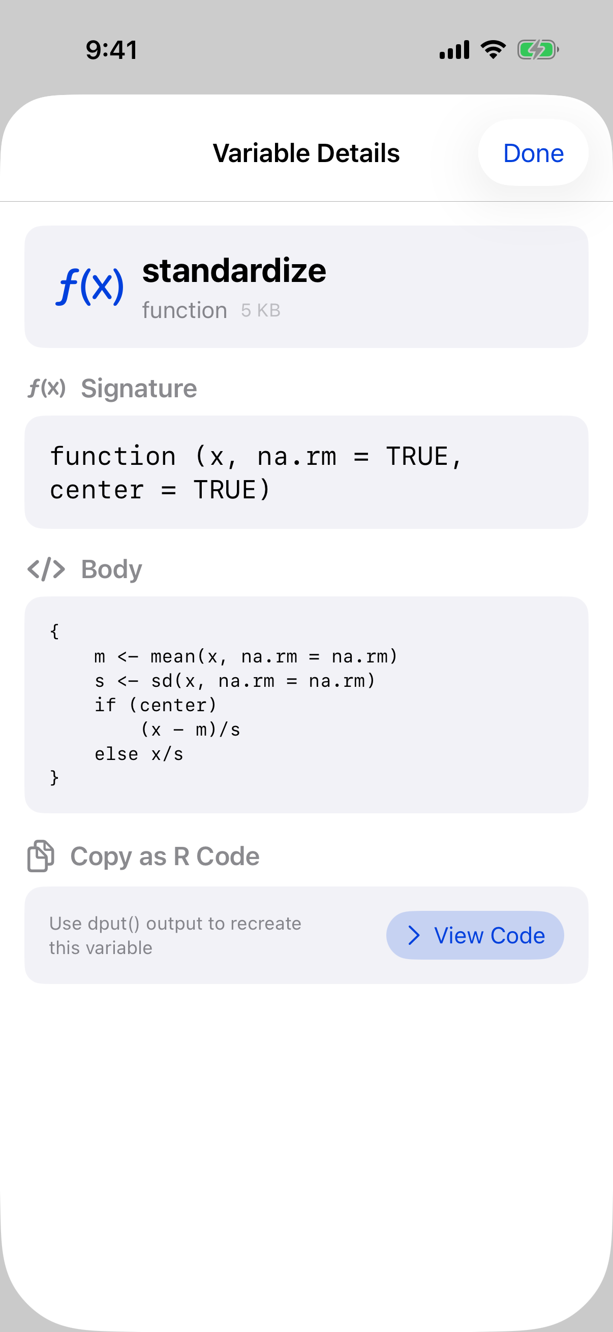 Variable details for a function showing its signature and body on iPhone