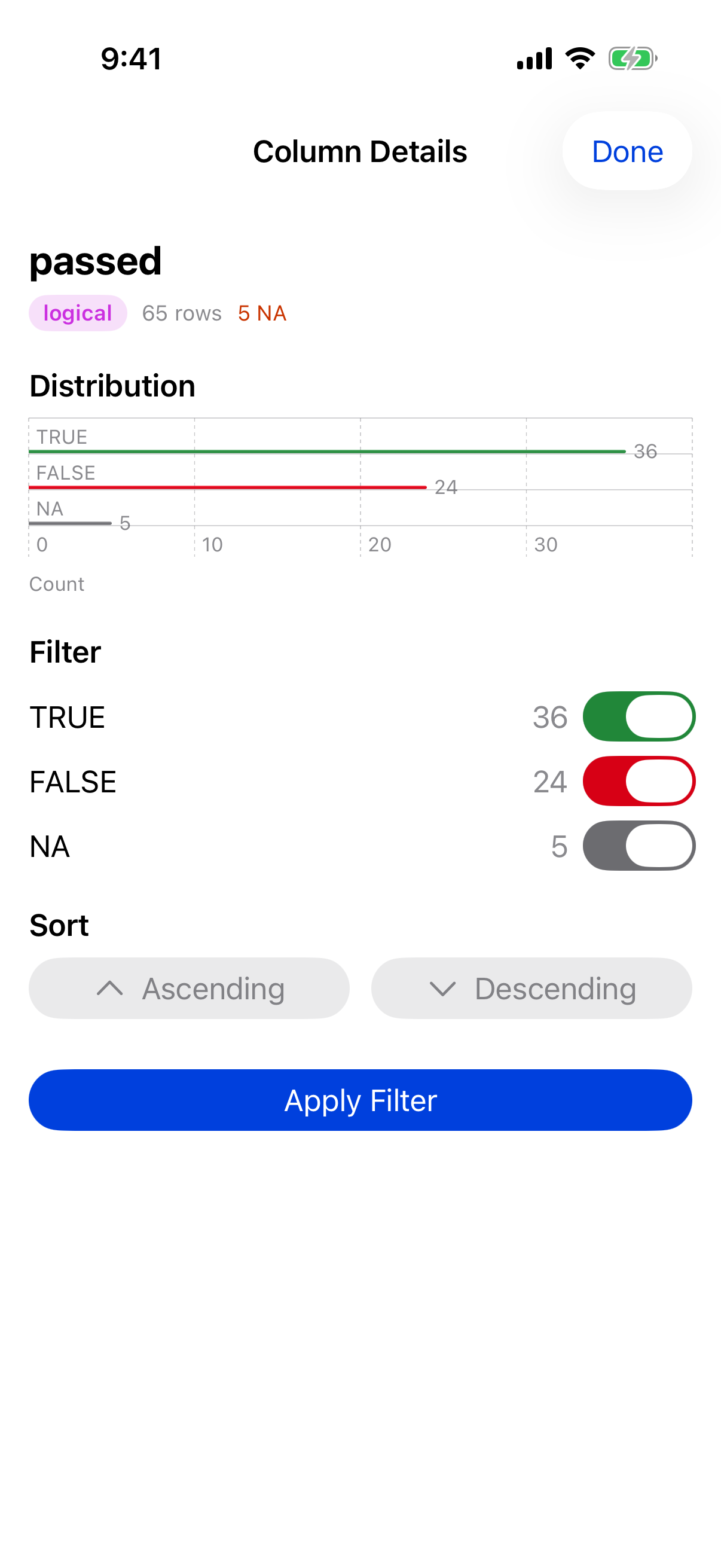 Column details for a logical column with TRUE FALSE and NA toggles on iPhone