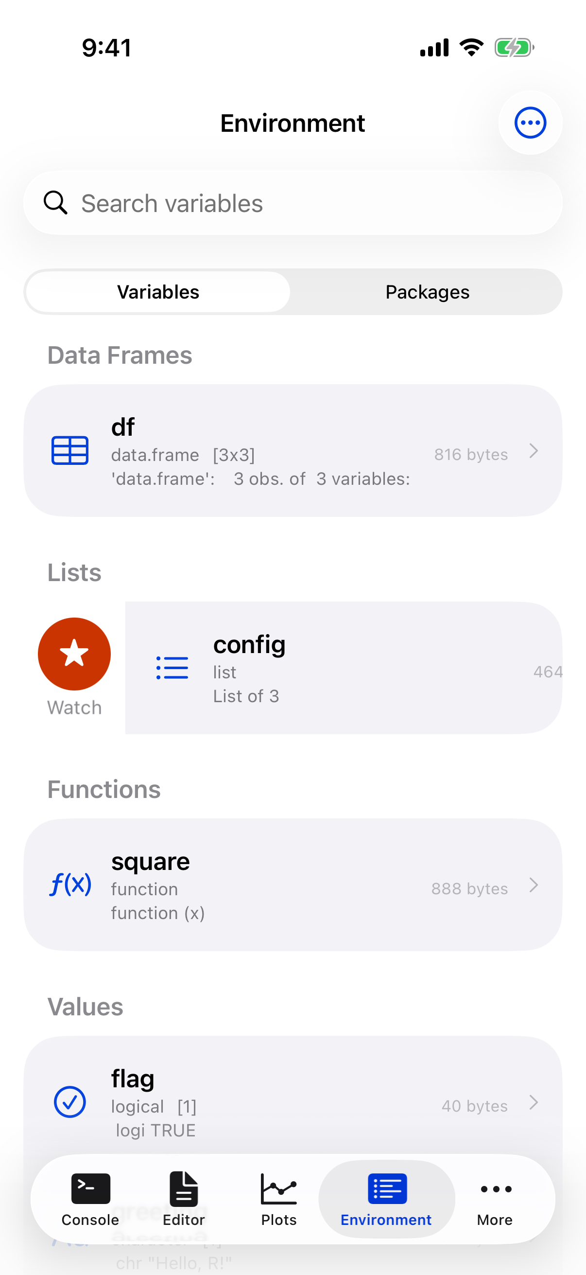 Variable row swiped right revealing the Watch button on iPhone