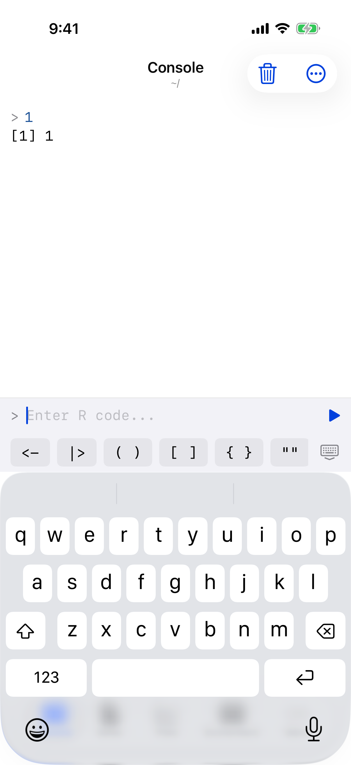 The R keyboard toolbar above the console input on iPhone