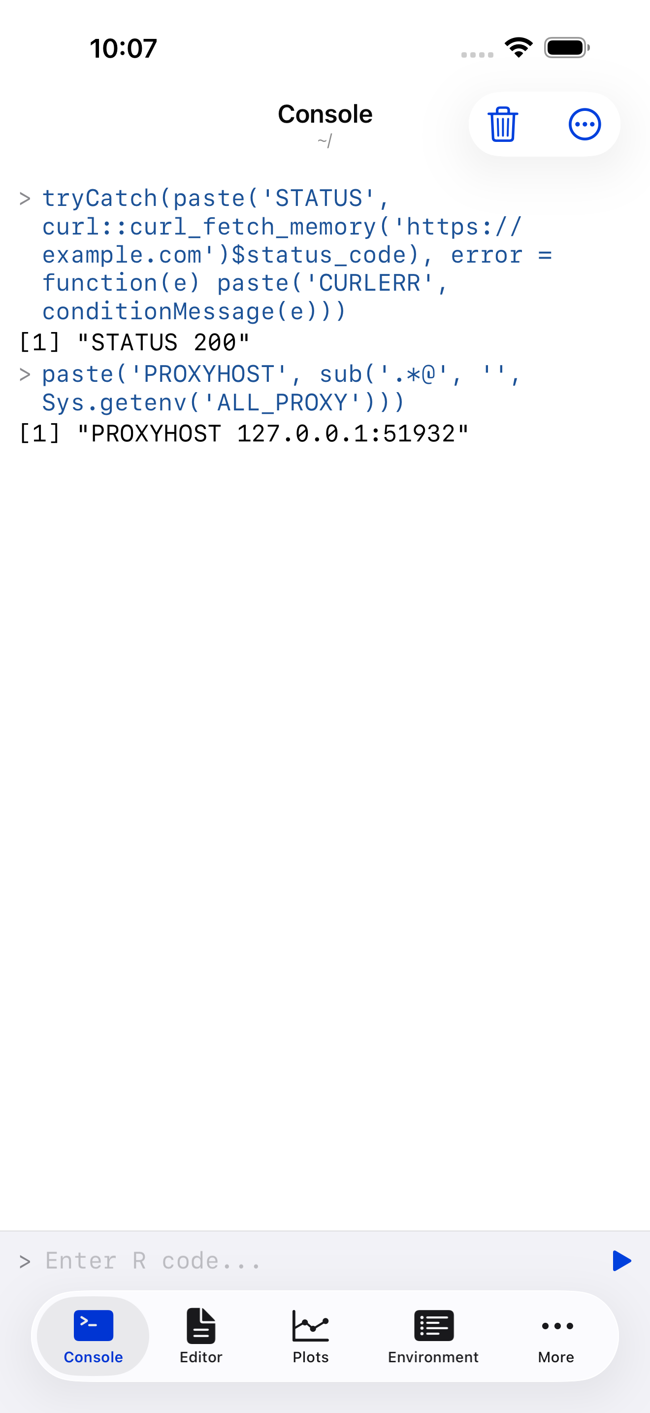 Console on iPhone showing a successful request returning status 200 and the proxy host reading 127.0.0.1