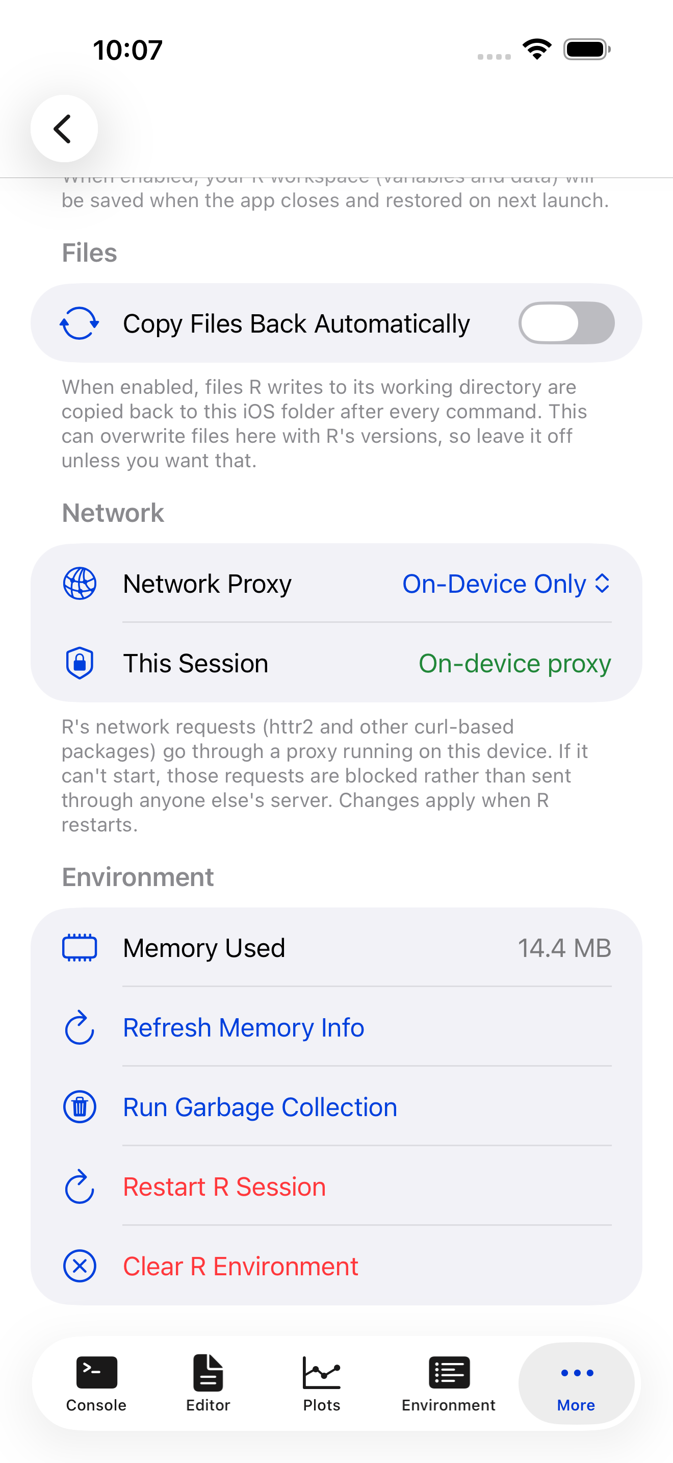 R Session settings on iPhone with the Network section showing Network Proxy set to On-Device Only and This Session reading On-device proxy