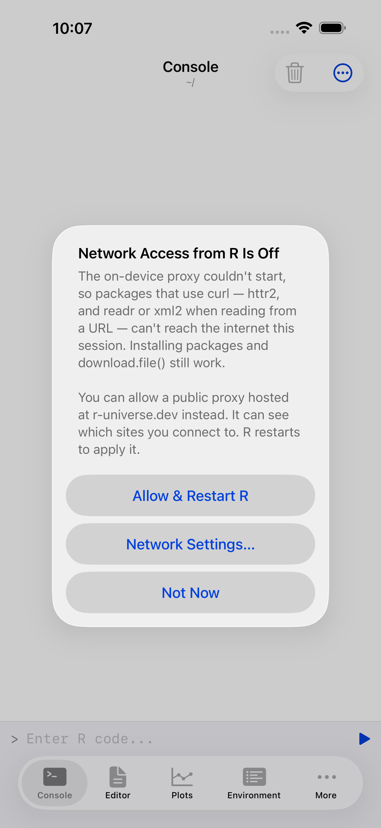Alert on iPhone titled Network Access from R Is Off, offering Allow and Restart R, Network Settings, and Not Now