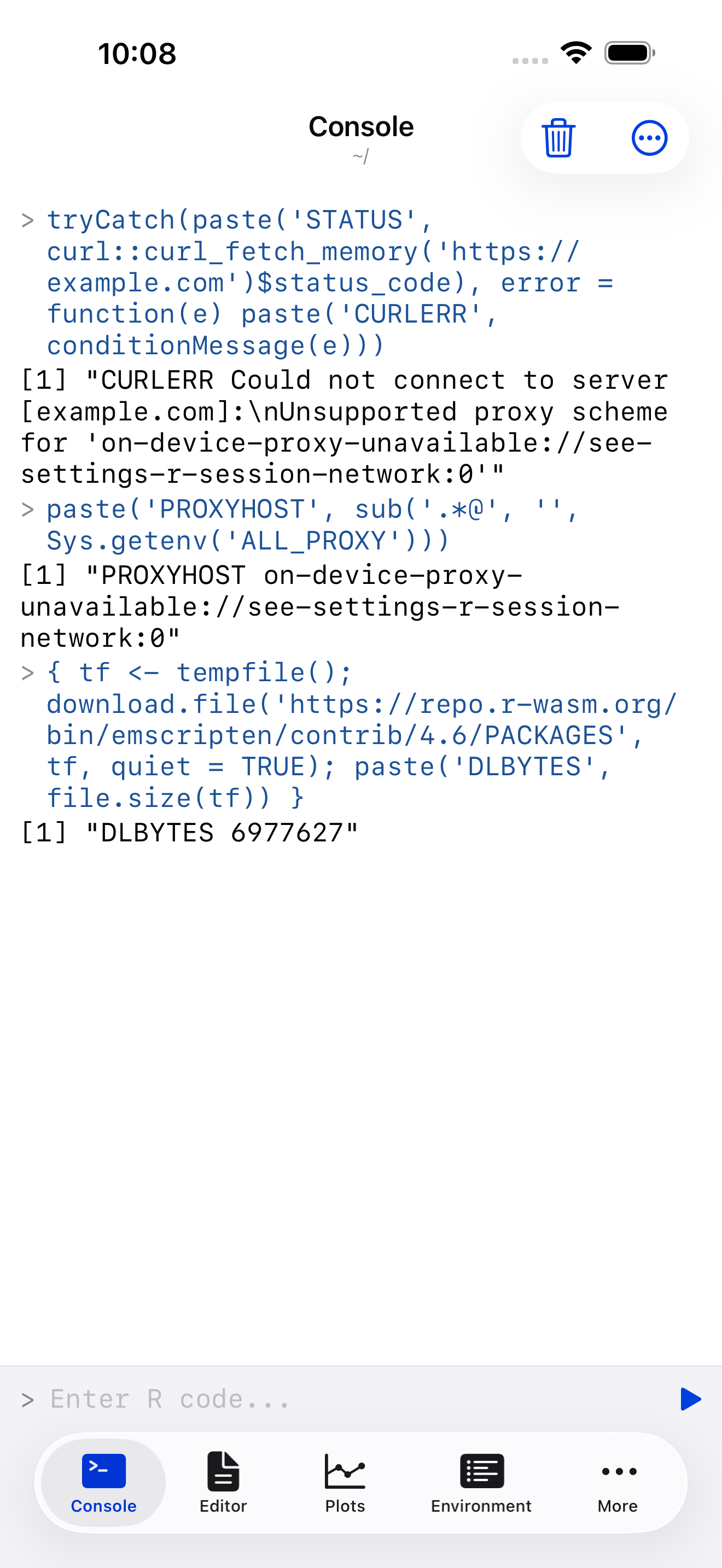 Console on iPhone showing an unsupported proxy scheme error from curl, and a successful download.file call below it