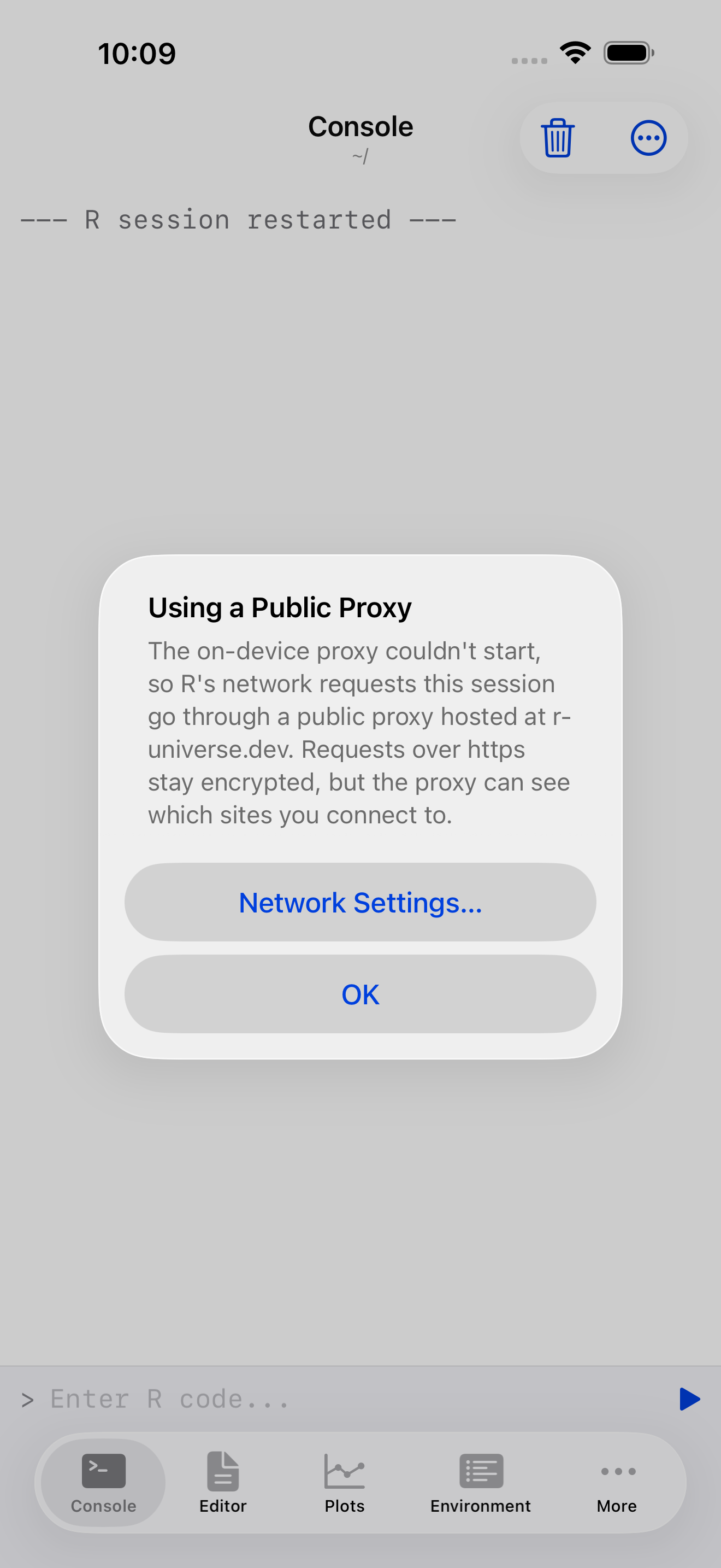 Alert on iPhone titled Using a Public Proxy explaining that requests go through a proxy hosted at r-universe.dev