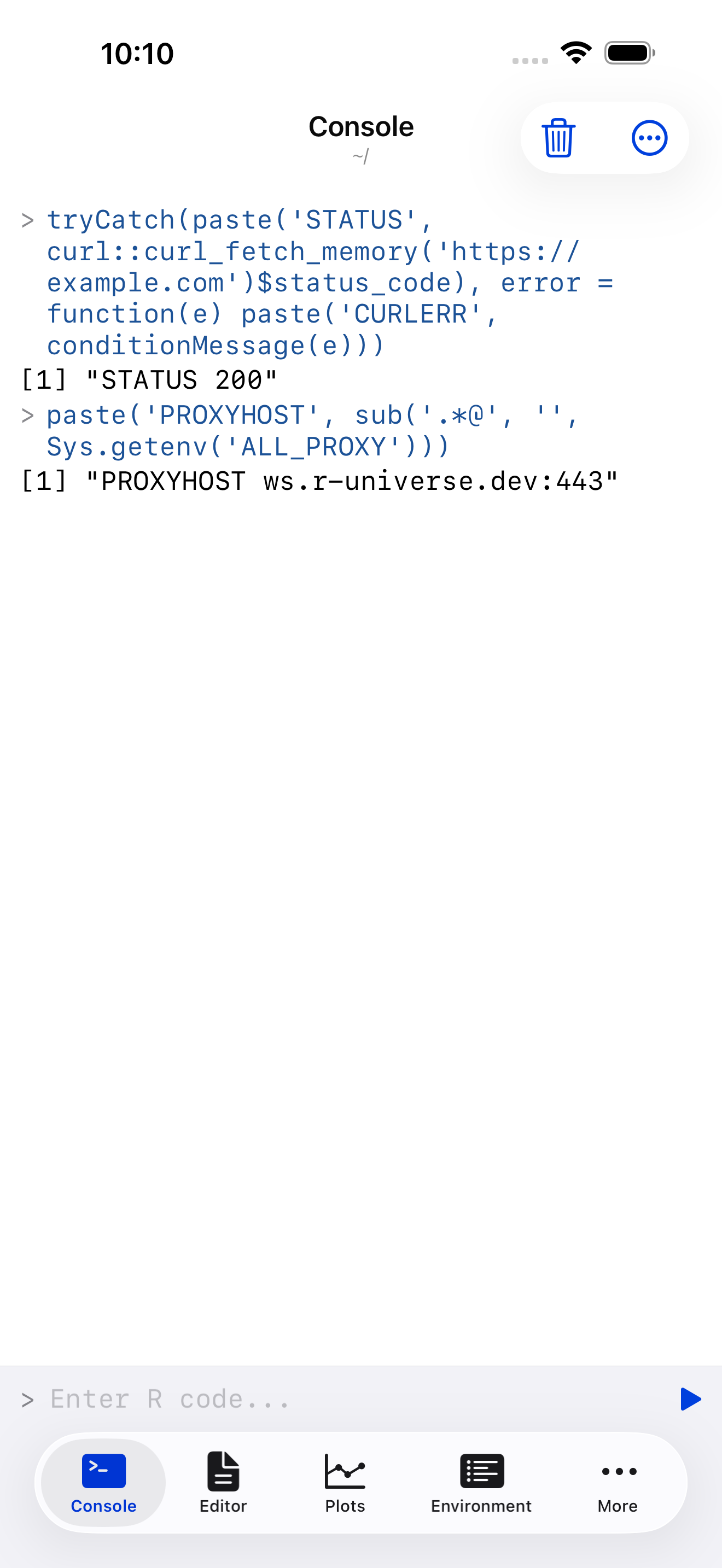 Console on iPhone showing a request returning status 200 with the proxy host reading ws.r-universe.dev