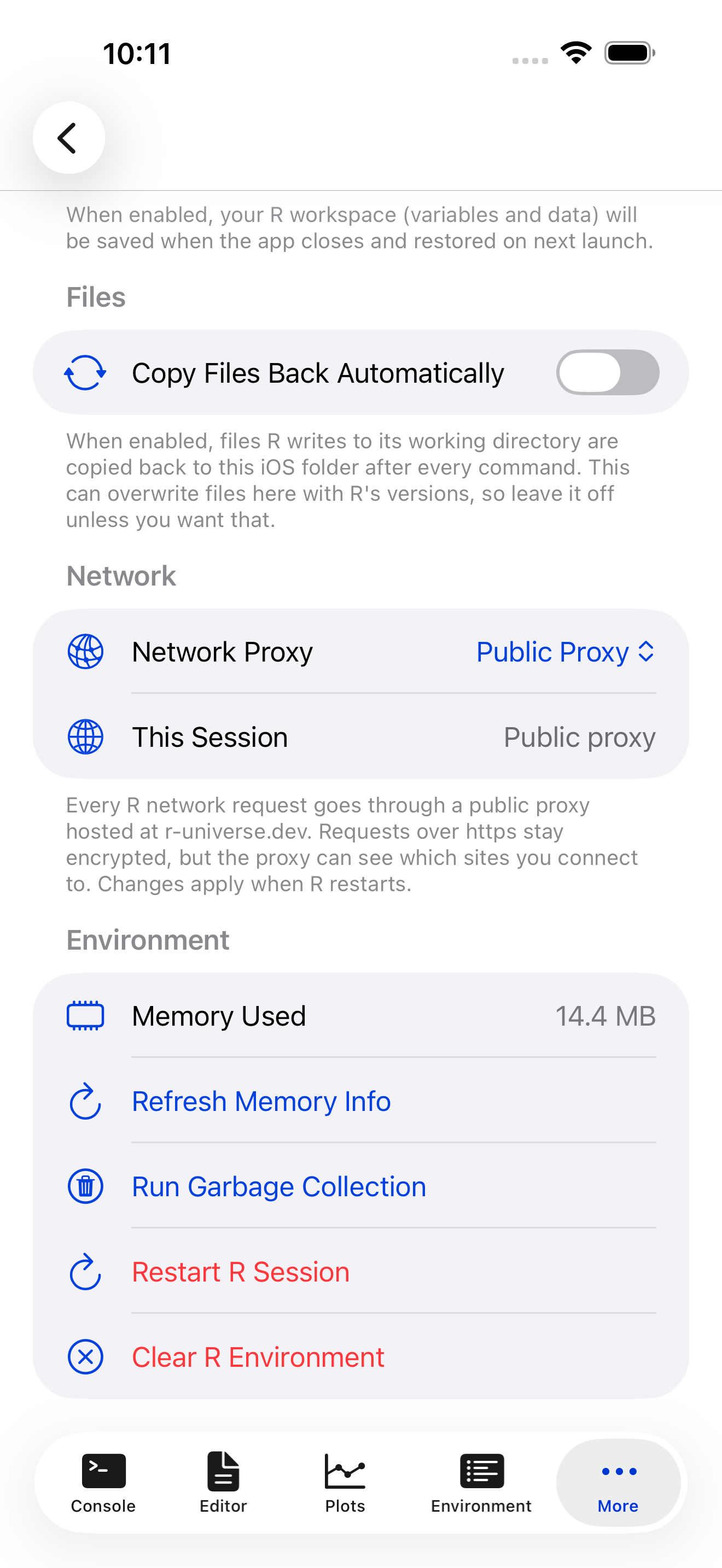 R Session settings on iPhone with Network Proxy set to Public Proxy and This Session reading Public proxy