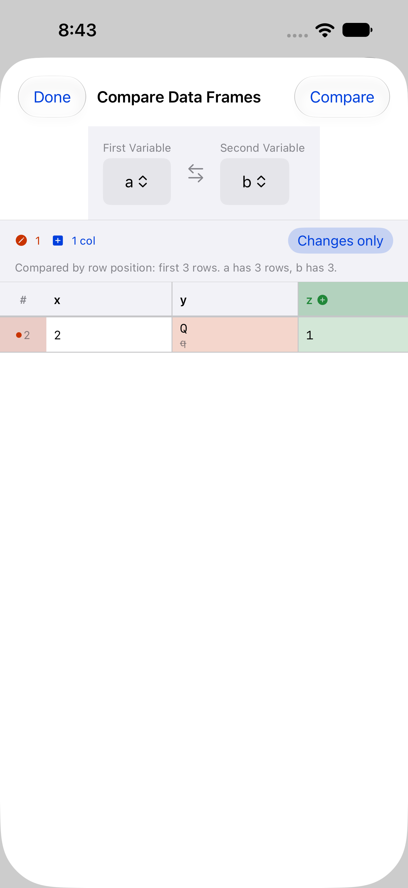Compare Data Frames with Changes only turned on, leaving just the changed row 2 on iPhone
