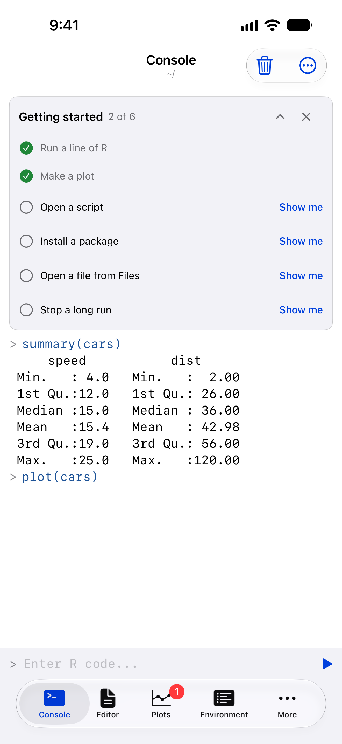 The checklist on iPhone after running summary(cars) and plot(cars), with its first two steps ticked