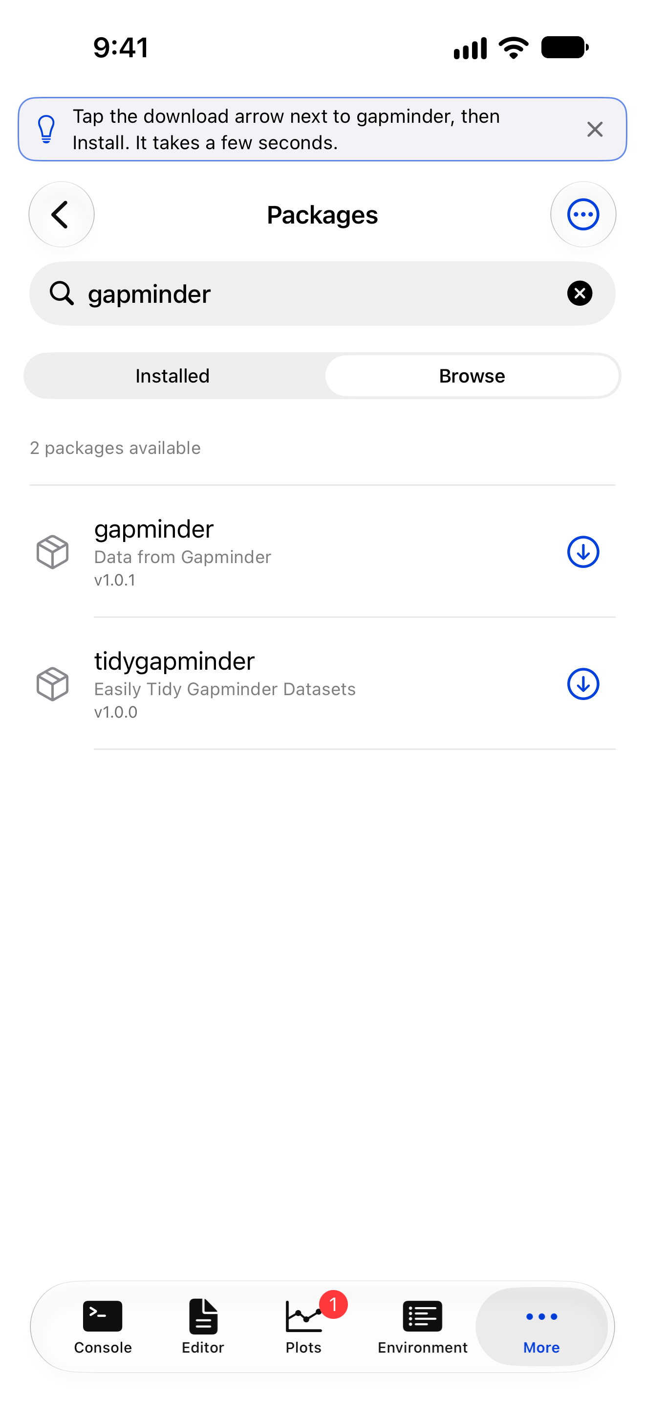 Show me for Install a package on iPhone: Packages on Browse with gapminder in the search field, and a tip to tap its download arrow and then Install