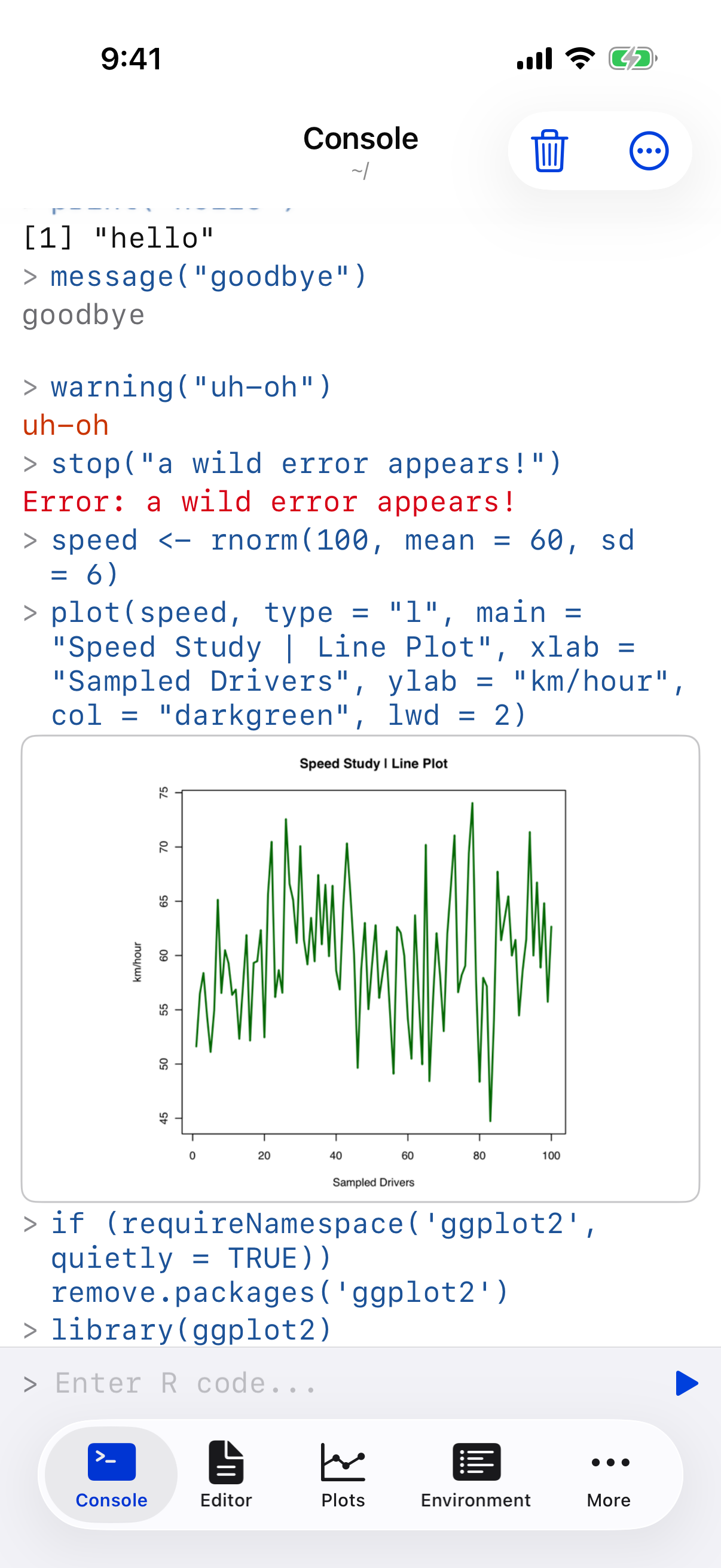 Console showing 'there is no package called ggplot2' on iPhone