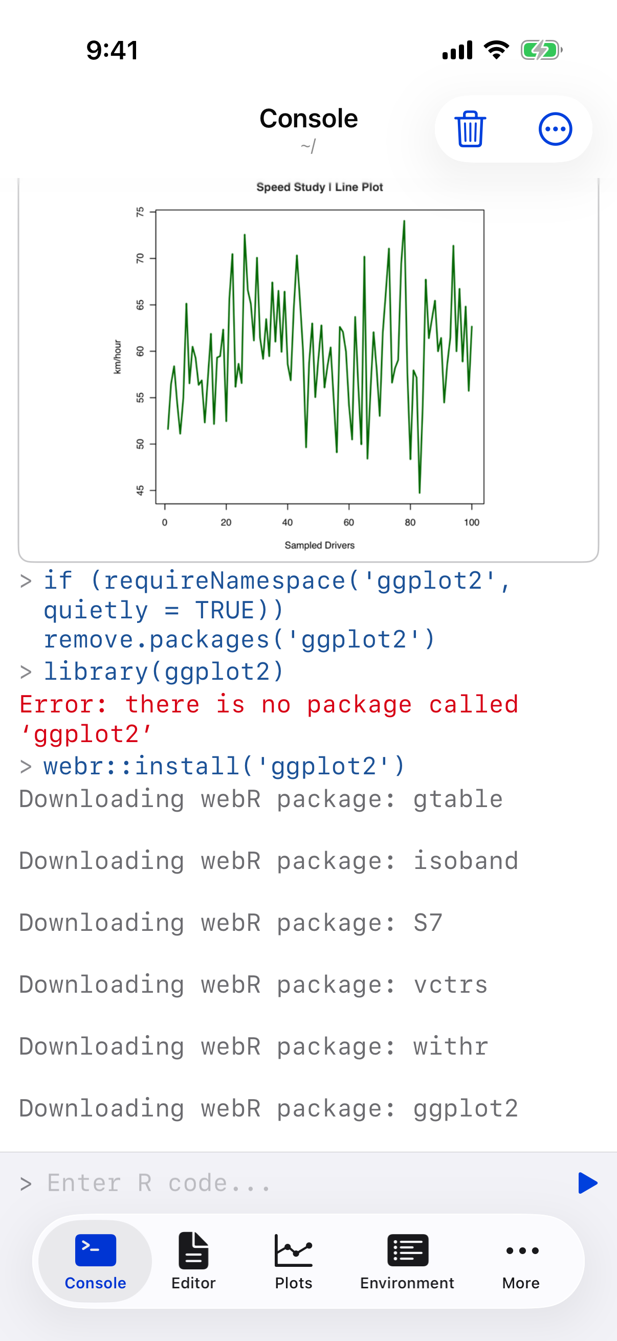 Console showing ggplot2 and its dependencies downloading on iPhone