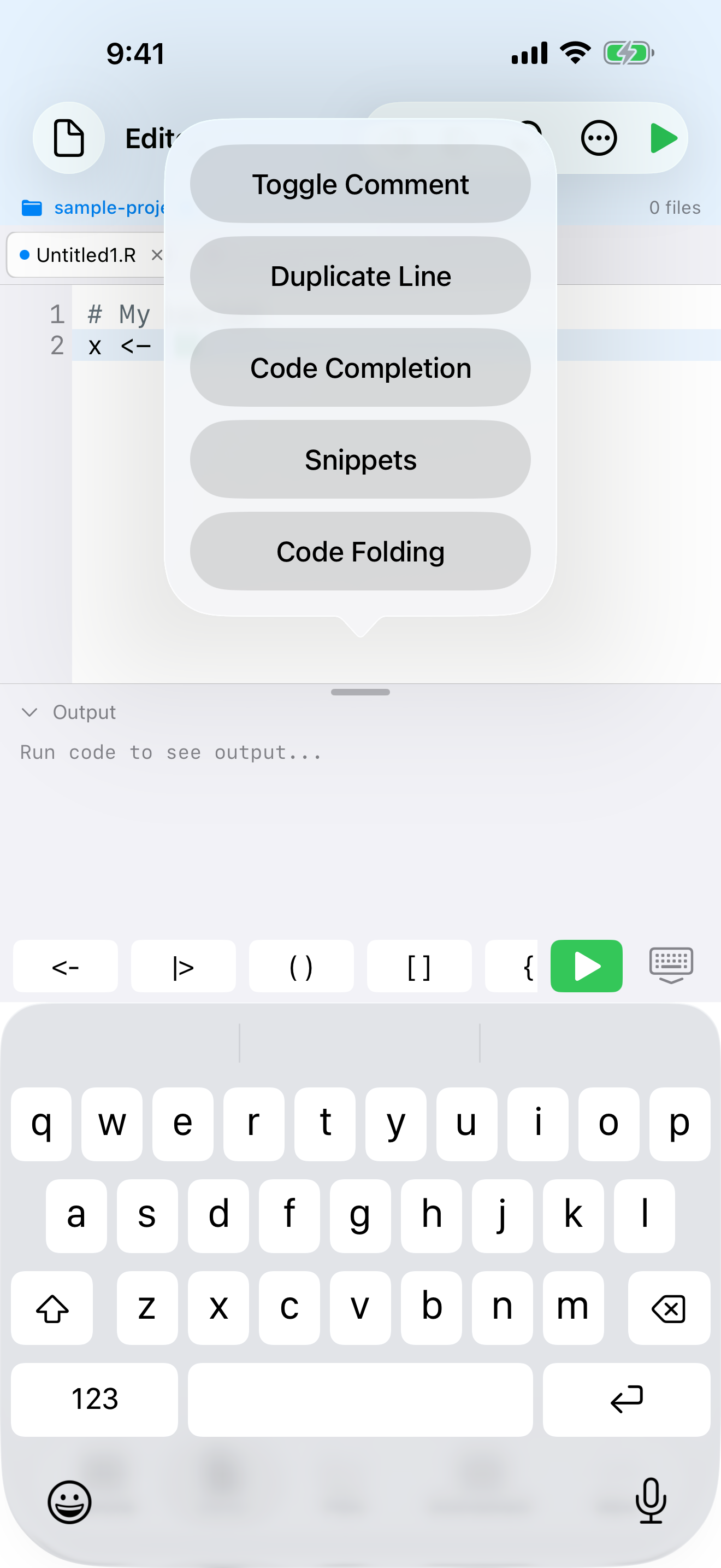 Editor actions menu on iPhone