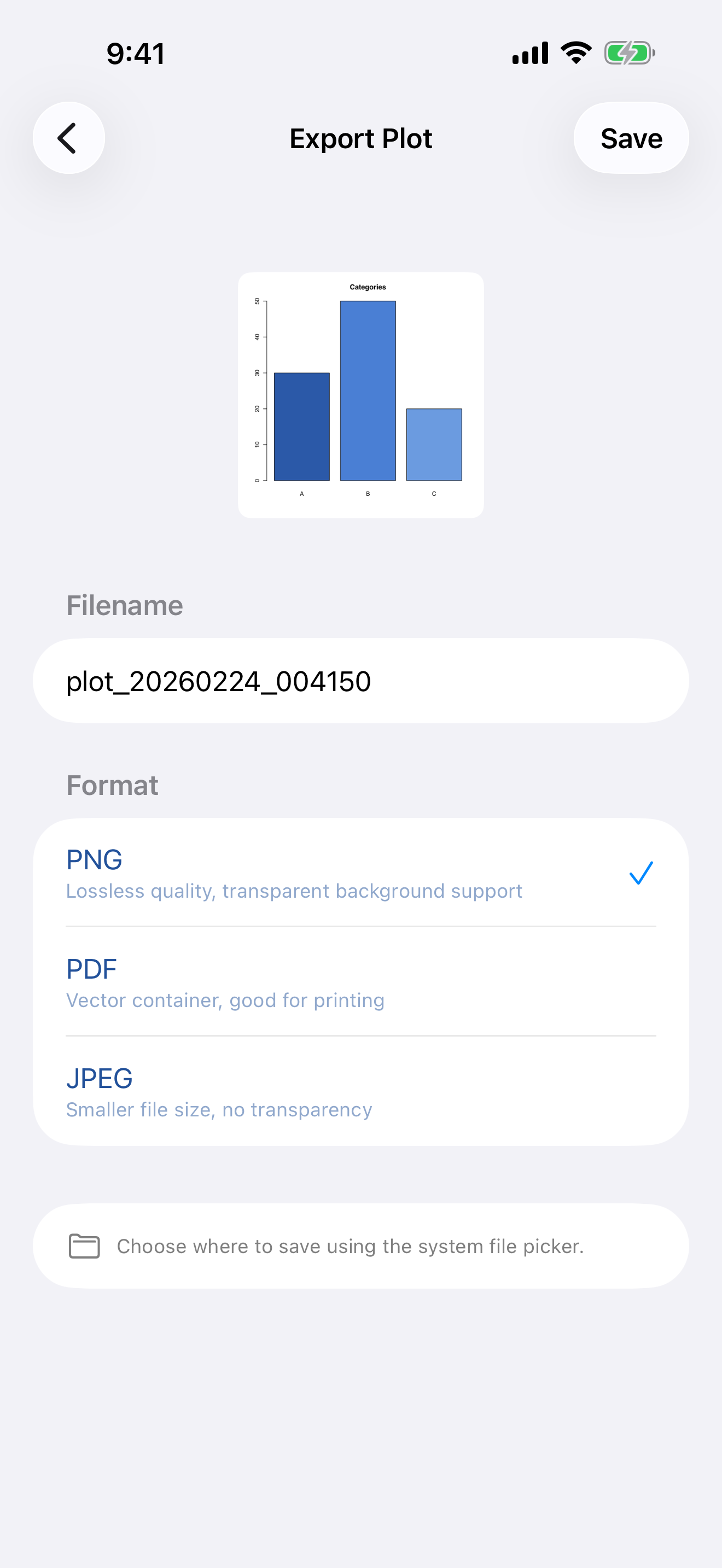 Plot export menu on iPhone