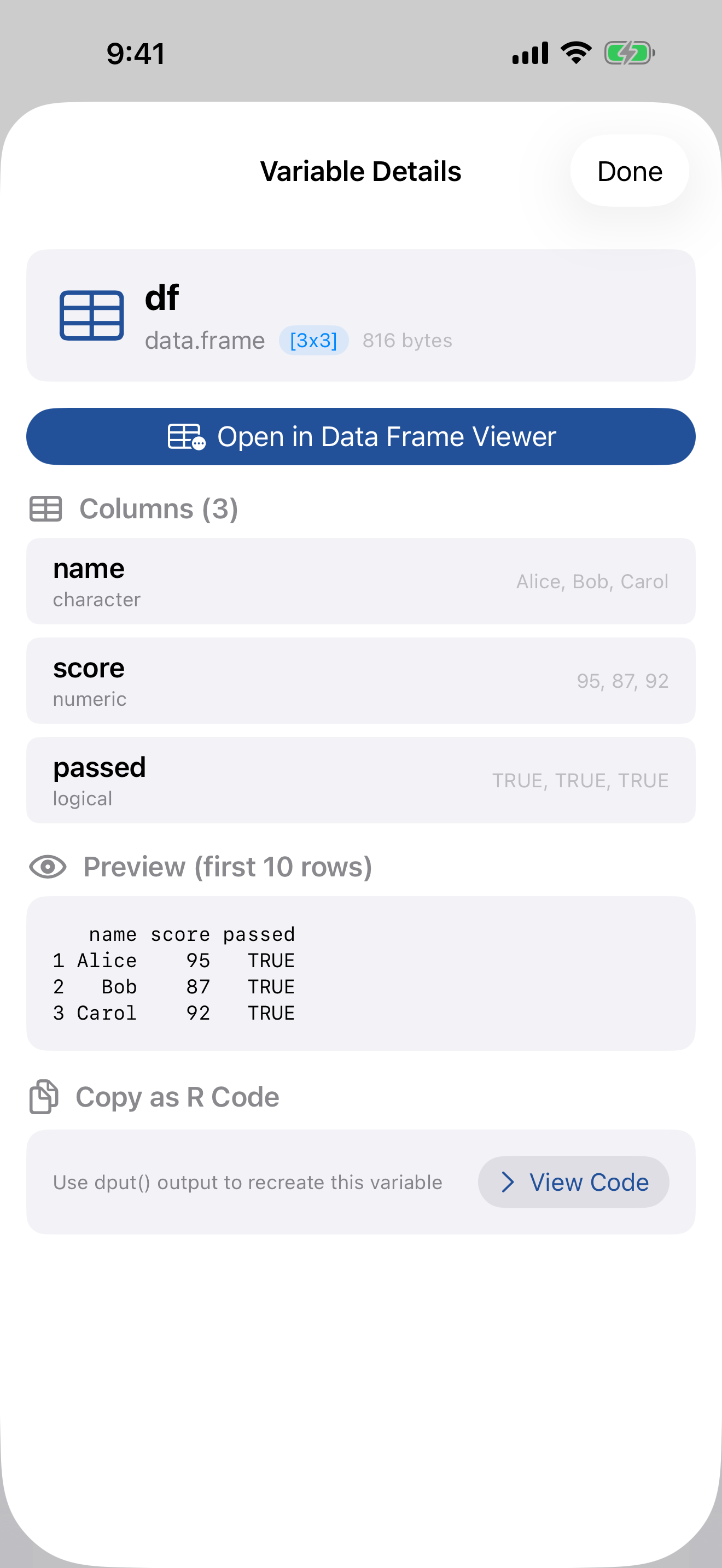 DataFrame viewer on iPhone