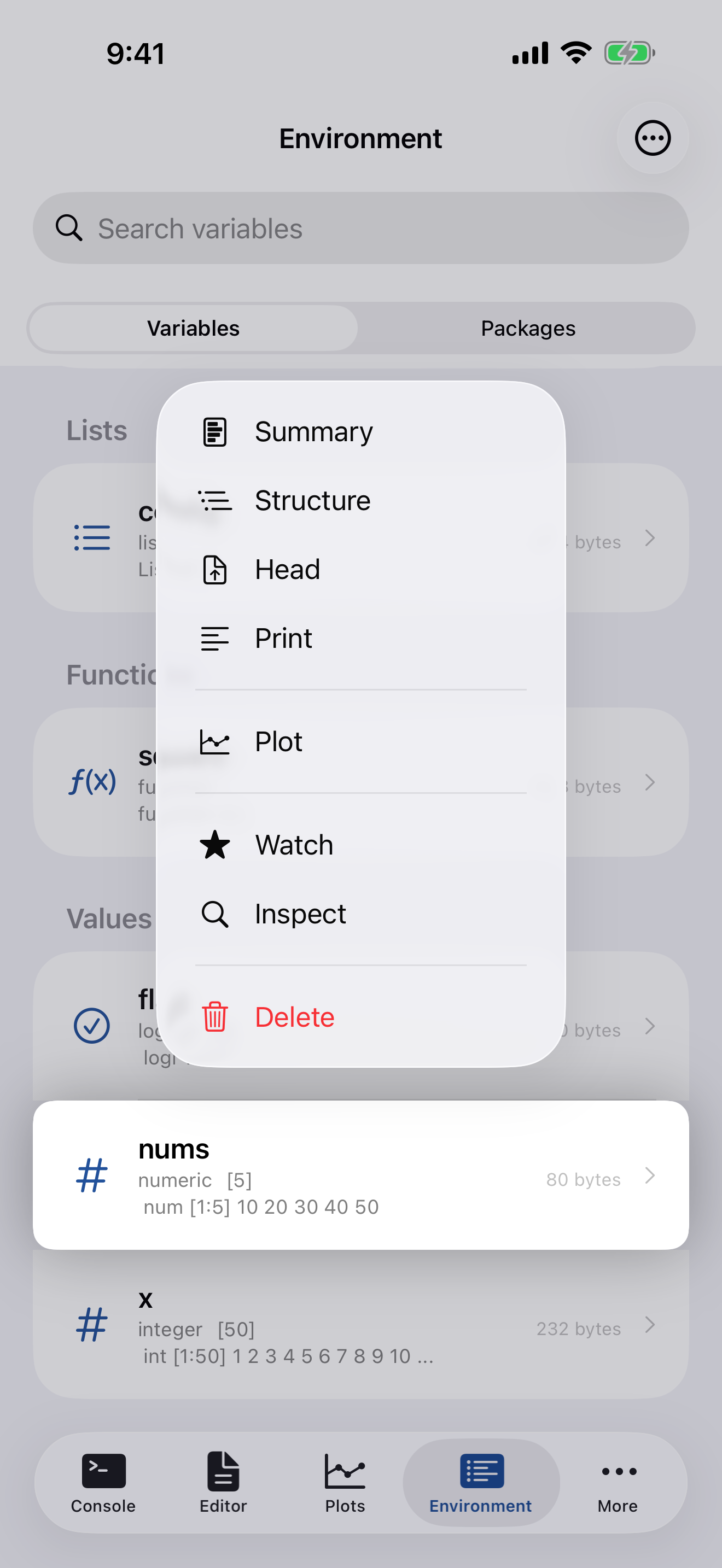 Long-press context menu on iPhone showing Summary, Structure, Head, Print, and Plot actions