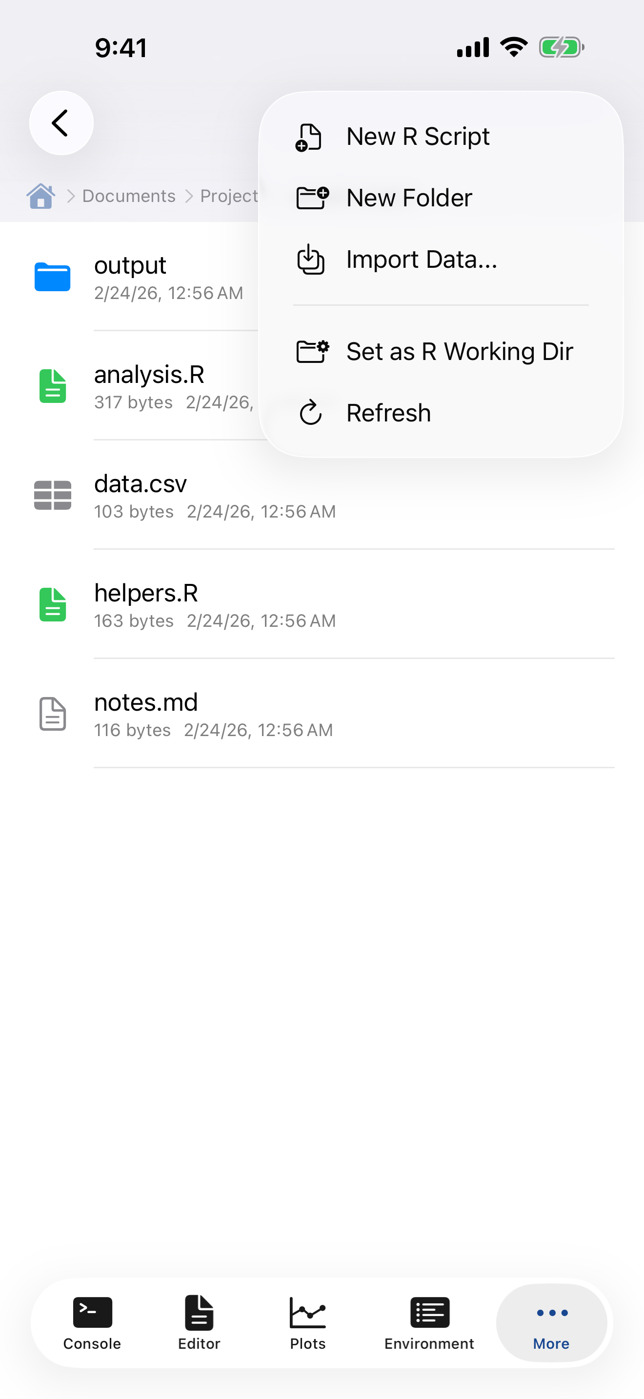 Create menu on iPhone showing New R Script, New Folder, and Import Data options