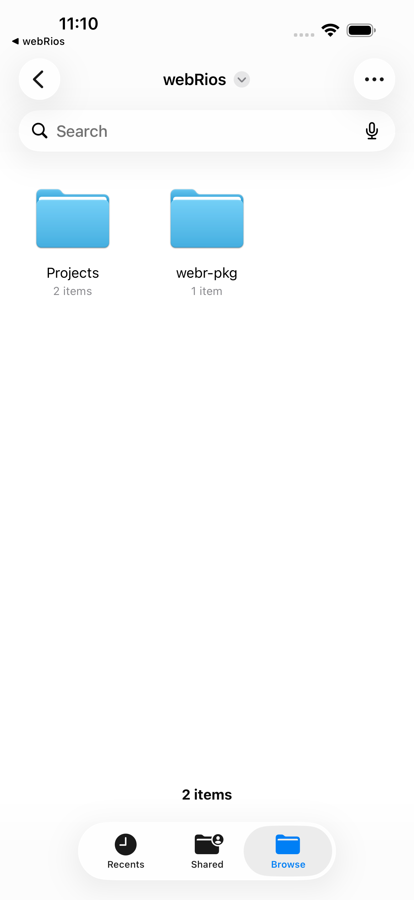 iOS Files app showing webRios container with Projects folder on iPhone