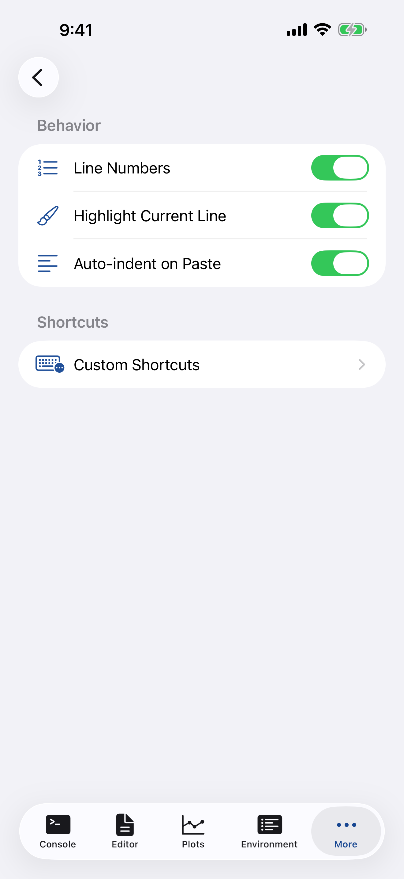 Editor settings on iPhone