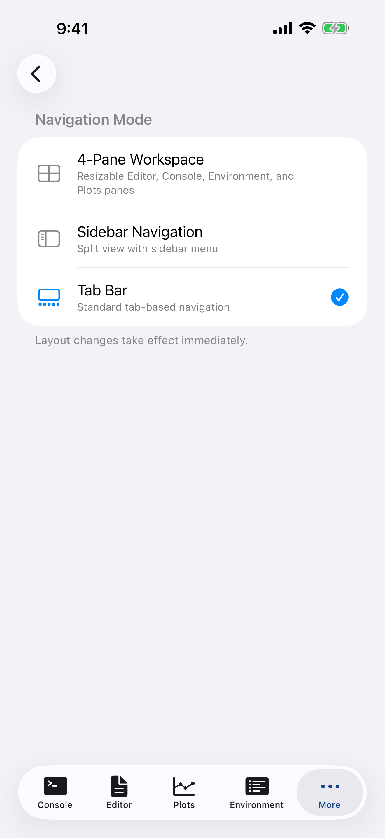 Layout settings on iPhone showing navigation mode picker